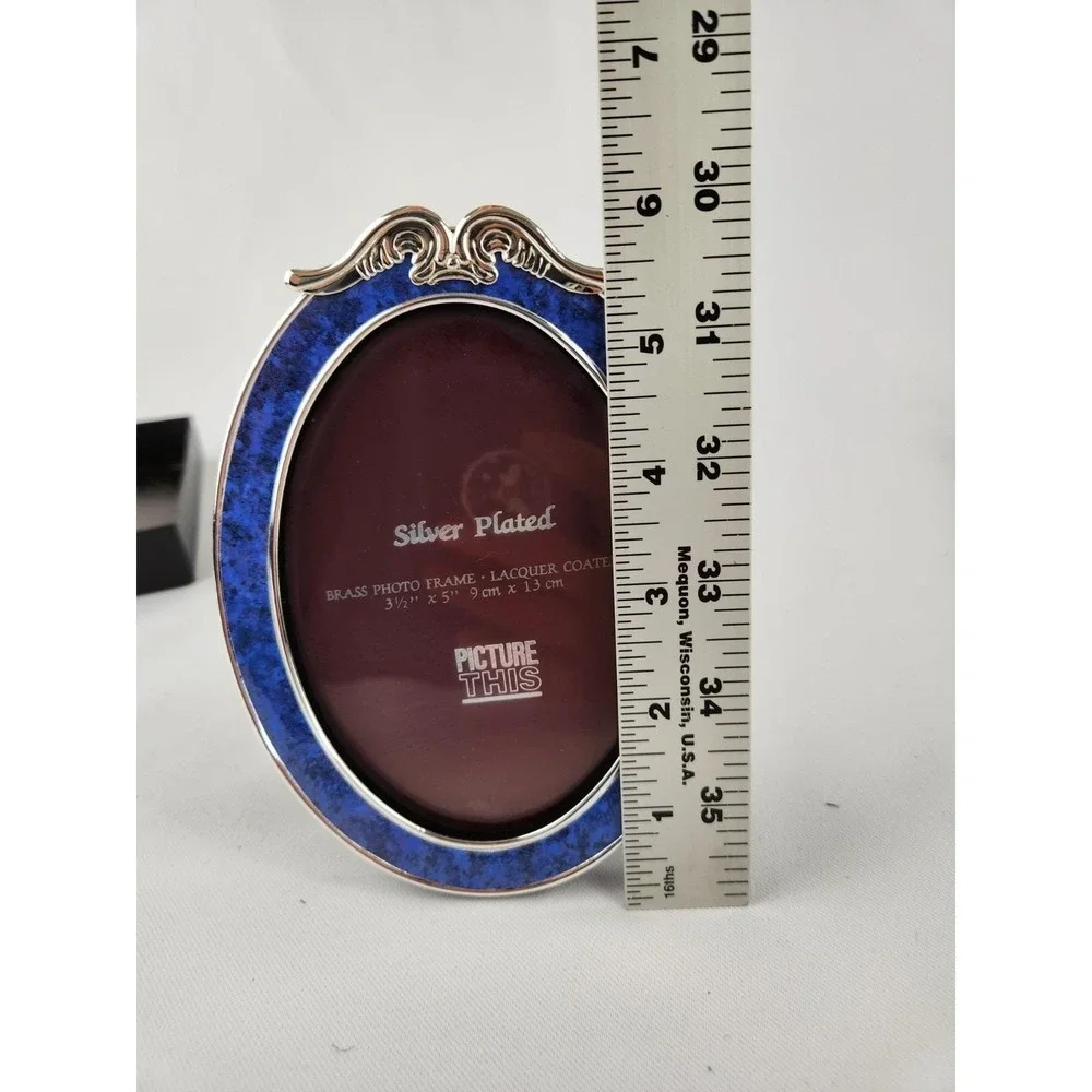 Vtg Picture This Silver Plated 3.5x5 Brass Photo Frame Lacquer Coated Blue Oval‎